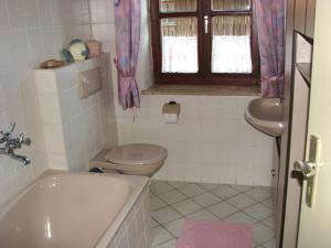 een badkamer met een toilet, een wastafel en een bad bij Kösseineblick in Pullenreuth