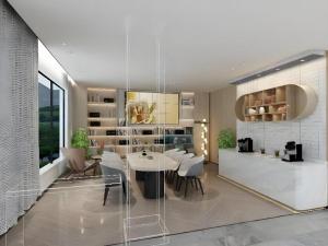 a dining room with a white table and chairs at VX Hotel Xiamen Siming District Xiamen University Huandao Road in Xiamen
