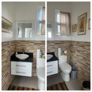 two pictures of a bathroom with a toilet and a sink at Wings Over Whitehouse 4-Bedroom in Culloden