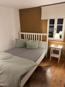 a bedroom with a bunk bed and a window at Schlossblick in Sulzbach-Rosenberg
