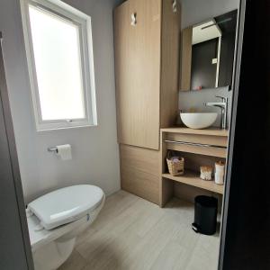 a bathroom with a toilet and a sink and a window at Mobilheim am Murner See - privater Badezuber & Grill in Wackersdorf