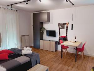 a bedroom with a bed and a desk and a television at Careggi apartment in Florence