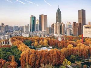 a city skyline with trees in the foreground at Lavande Hotel Wuhan Huanghelou Branch in Wuhan