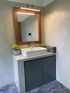 a bathroom with a white sink and a mirror at The Wasa Heaven in Hiriketiya