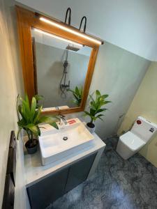 a bathroom with a sink and a mirror and a toilet at The Wasa Heaven in Hiriketiya