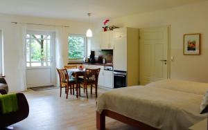 ein Schlafzimmer mit einem Tisch und Stühlen sowie eine Küche in der Unterkunft Ferienwohnung Vogelsang in Süderhöft