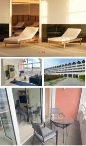 a collage of photos of a bench and a table at La Suite Design Dunkerque Plage à 50 mTerrasse Sud in Dunkerque