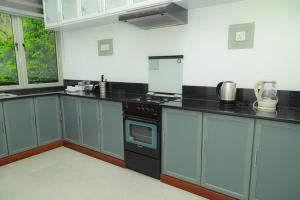 a kitchen with blue cabinets and black appliances at River View Stay in Latpandura