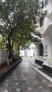 a tree on a sidewalk next to a building at Pearl House Residency in Jāmb