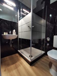 ein Badezimmer mit Glasdusche und Waschbecken in der Unterkunft Königstraße Apartments in Nürnberg