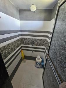 een badkamer met strepen op de muren en een douche bij Home stay Hotel in Diu