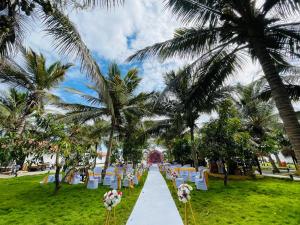 a aisle with chairs and palm trees on a beach at Mango Mansion in Jaffna