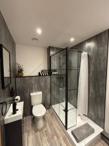 a bathroom with a toilet and a glass shower at New City Centre Apartment No 5 Free Parking in Leicester +2 photos