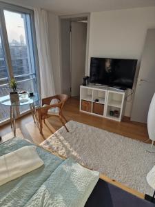 a living room with a television and a table at Lumi, modernes Attika-Refugium in Derendingen
