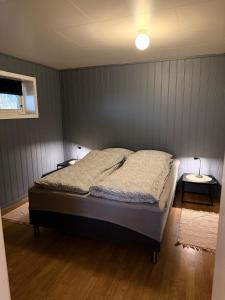 1 dormitorio con 1 cama y 2 mesitas de noche en Stranda Apartment, en Senja
