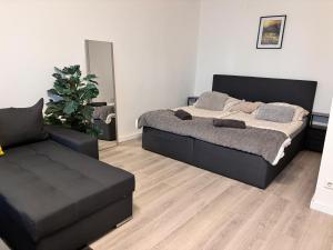 una camera con un letto e un divano nero di Charming apartment with a view a Wolfsburg