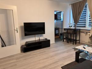 un soggiorno con una TV a schermo piatto su una parete di Charming apartment with a view a Wolfsburg