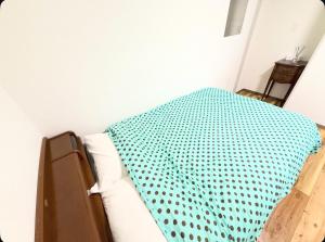 a bed with a green sheet on it in a room at Small stay in Tokyo in Tokyo