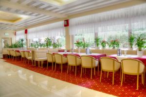 a dining room with a long table and chairs at Hotel Drescher in Mörbisch am See
