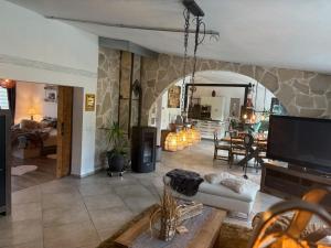 a living room with a couch and a tv at LOFT Ferienhaus Fischer in Goldkronach