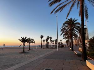 una calle con palmeras en la playa en Apartamento Elizabeth, en Gandía
