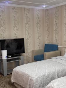 a bedroom with a tv and a bed and a chair at Cholpon Guest House in Bishkek