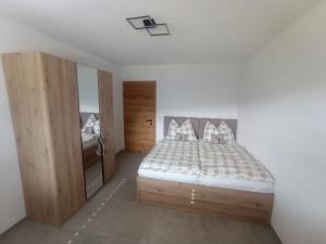 a bedroom with a bed and a mirror at Panorama Wildgrat in Wenns +21 photos