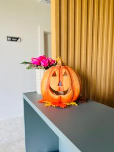 a pumpkin sitting on a counter with a vase of flowers at Stara lipa Tašner kitchen & P & garage - self check-in in Maribor
