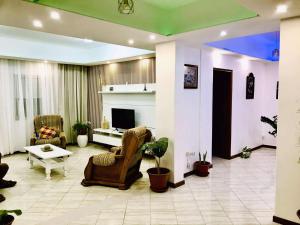 a living room with two chairs and a fireplace at Ritmo Turístico in Ponta do Sol