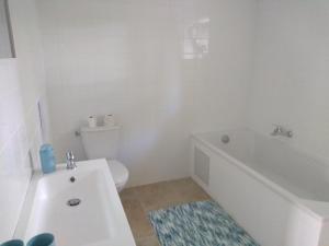a bathroom with a tub and a toilet and a sink at Forest House by Lake Pannecière in Chaumard +18 photos