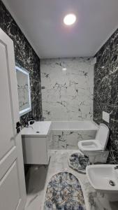 a bathroom with a sink and a toilet and a tub at Apartament EVA in Suceava