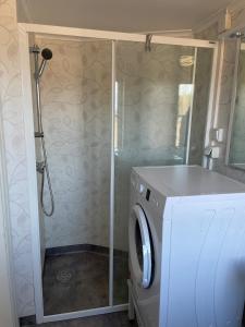 a washing machine in a bathroom with a shower at Accommodation near lake and forest including rowing boat in Tranås