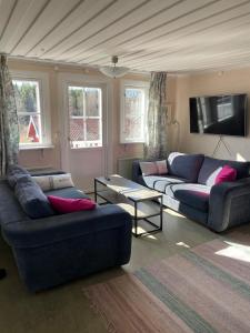 a living room with two couches and a tv at Accommodation near lake and forest including rowing boat in Tranås