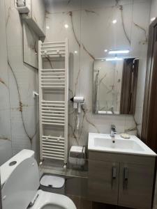 Un baño con un inodoro blanco y un lavabo. en Skylan Studio, en Larisa