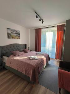 a bedroom with a large bed and a window at Apartmány Starý Blich in Bardejov +10 photos