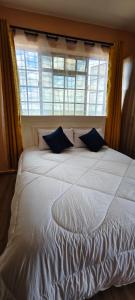 a white bed with blue pillows in front of a window at Nyota Haven Stays in Libwezi