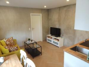 a living room with a couch and a television at Apartment Emma in Sandkrug in Hatten