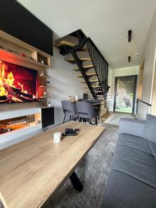 别拉什尼察Apartman Asi的带沙发和壁炉的客厅