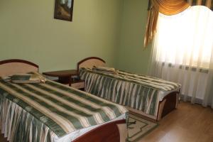 2 camas en una habitación con ventana en Passage Hotel, en Beregovo