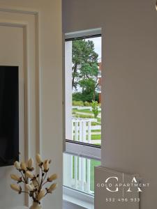 a vase of flowers in front of a window at Gold Apartment E47 Studio Let's Sea Baltic Park Gąski in Gąski