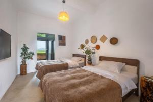 a bedroom with two beds and a potted plant at Xinwo Homestay in Pan-na-meng-hun +16 photos