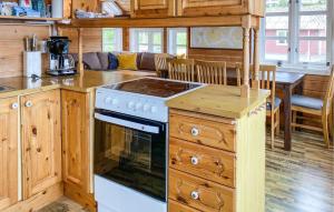 a kitchen with a stove top oven in a cabin at Gorgeous Home In Leinøy With House Sea View in Fosnavåg