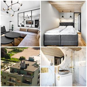 クリスティアンサンにある360 view Penthouse l Home office l 60 sqm balconyの寝室と家の絵画のコラージュ