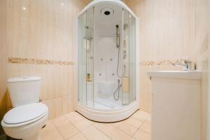 a bathroom with a shower and a toilet and a sink at Stay at a Minimalist Studio in Feltham with Parking in New Bedfont