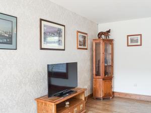 a living room with a tv and a cat on a shelf at Old Barn Cottage - Uk47144 in Glasgow