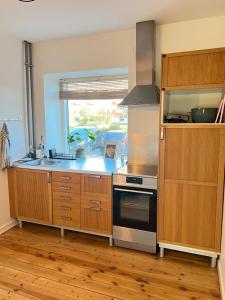Una cocina con gabinetes de madera y un horno de estufa. en Convenient apartment - close to everything, en Odense