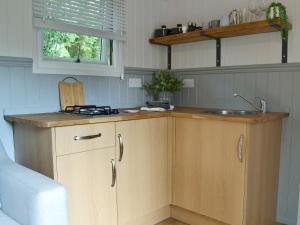a kitchen with a sink and a counter top at Caban Caru in Dinas Mawddwy