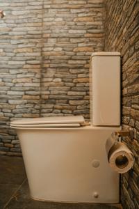 a toilet in a bathroom with a brick wall at Surf View Point Ahangama in Ahangama +35 photos
