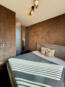 a bedroom with a large bed with two pillows at Business Park Sofia Cozy Lux & Private Garage Option in Sofia