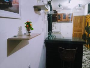 a kitchen with a counter with a vase of flowers at Perto da vila cop30 in Belém +5 photos